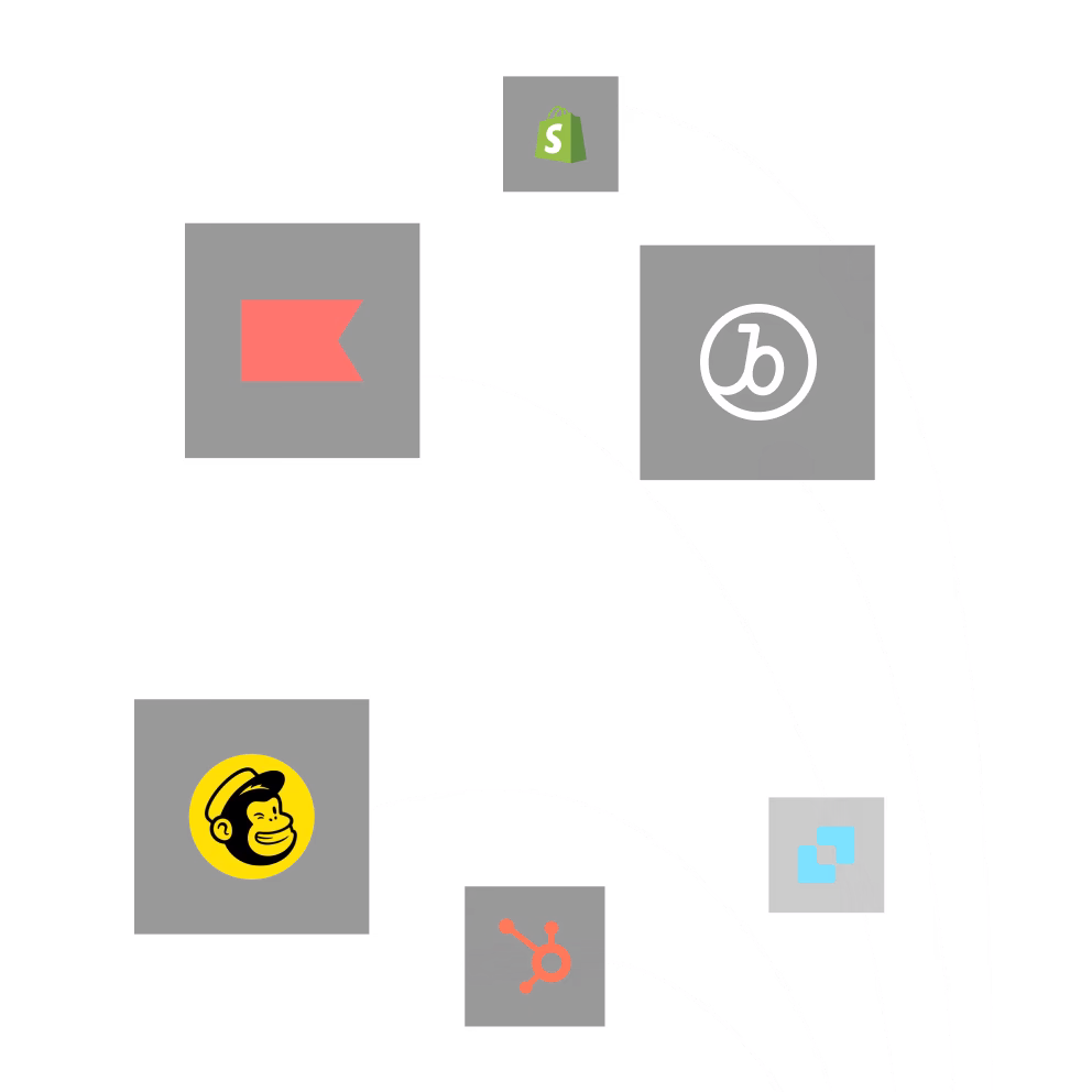 Icons of popular marketing and e-commerce platforms including Shopify, Mailchimp, HubSpot, and others connected by curved lines.