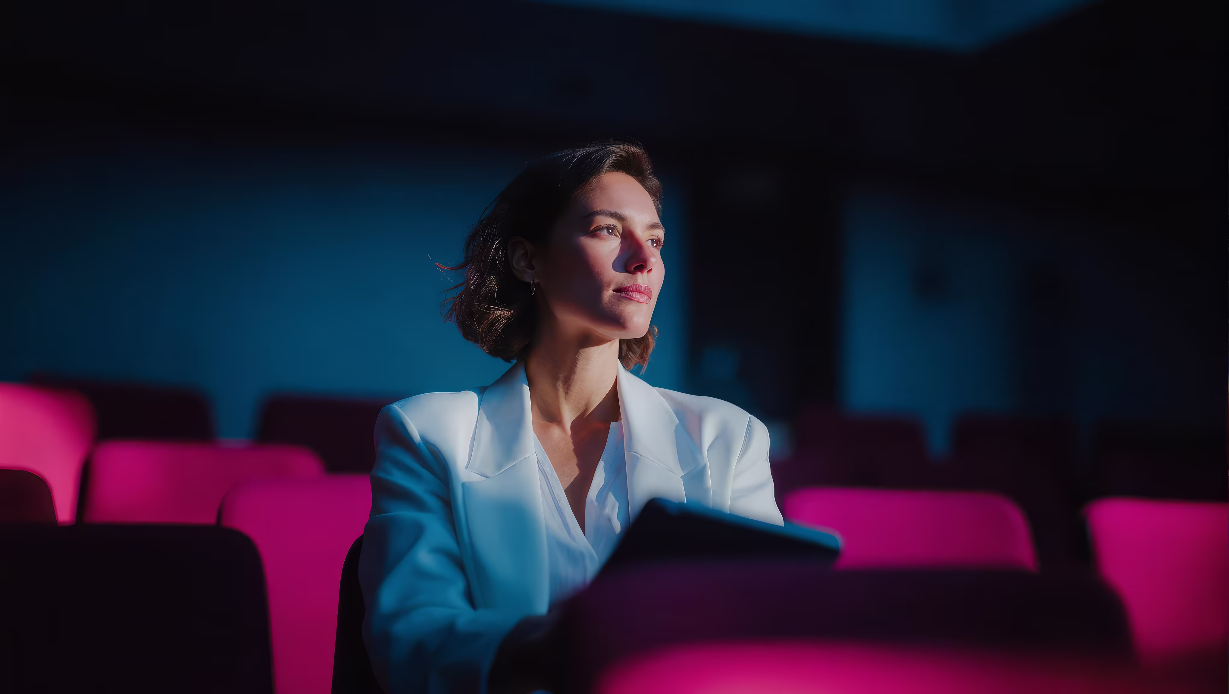 Woman in white blazer sitting alone in a dark auditorium with pink seats, looking thoughtfully toward the light.
