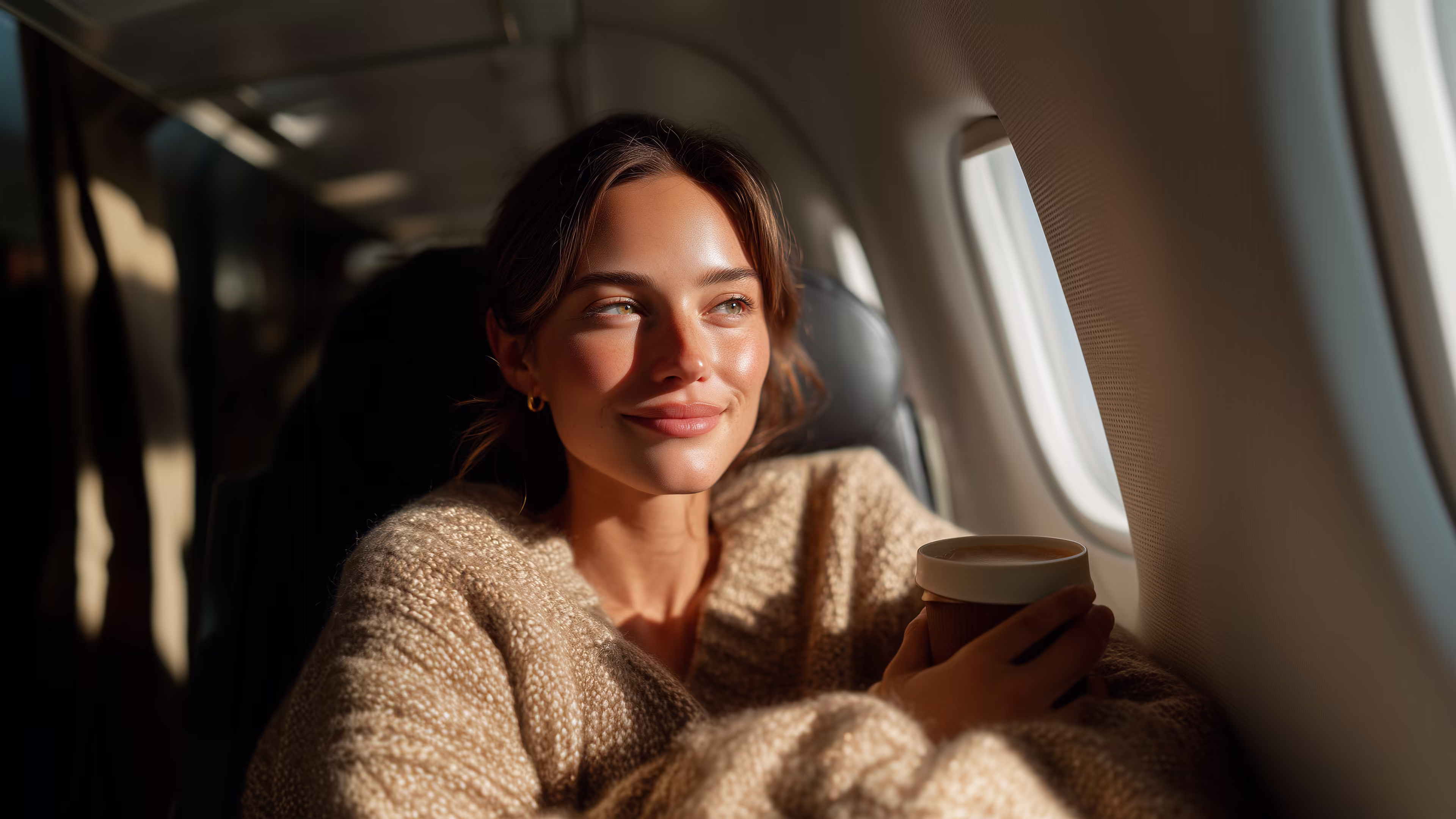 Woman in beige sweater holding a cup and smiling while sitting by an airplane window.