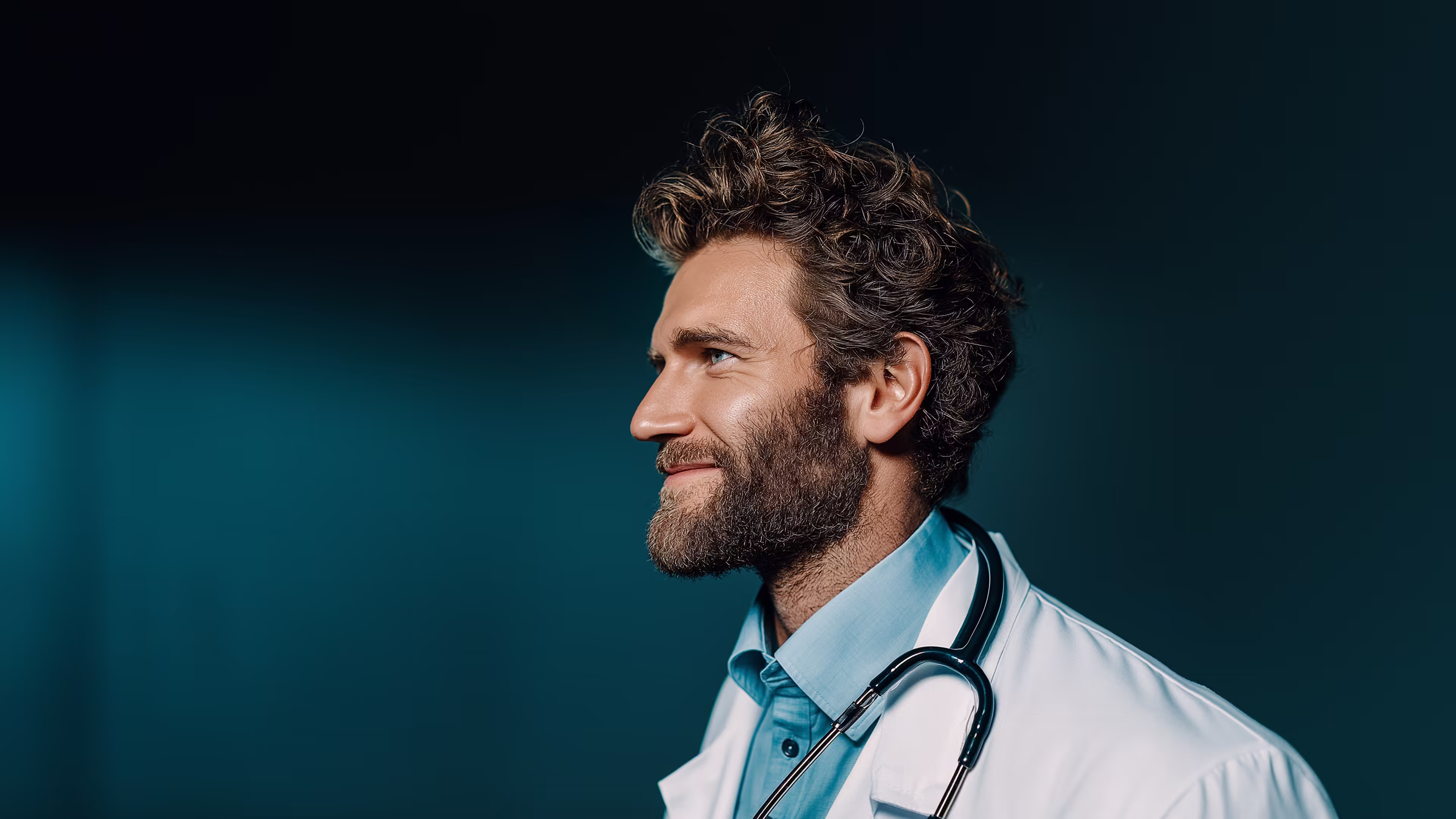 Side profile of a smiling male doctor with curly hair, beard, and stethoscope around his neck against a dark background.