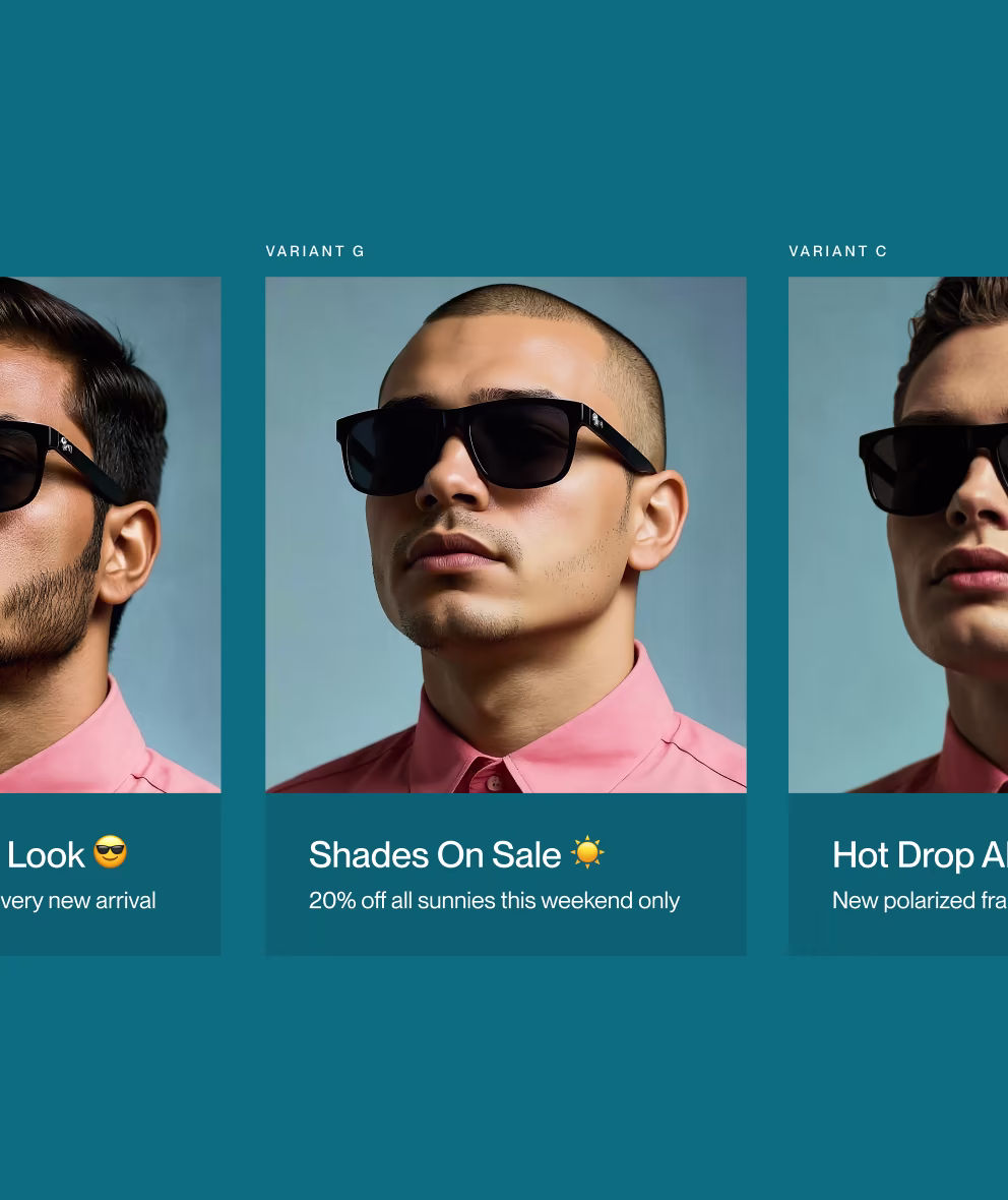 Three men wearing black sunglasses and pink shirts, showcasing different sunglass styles labeled Variant G and Variant C with sale promotions.