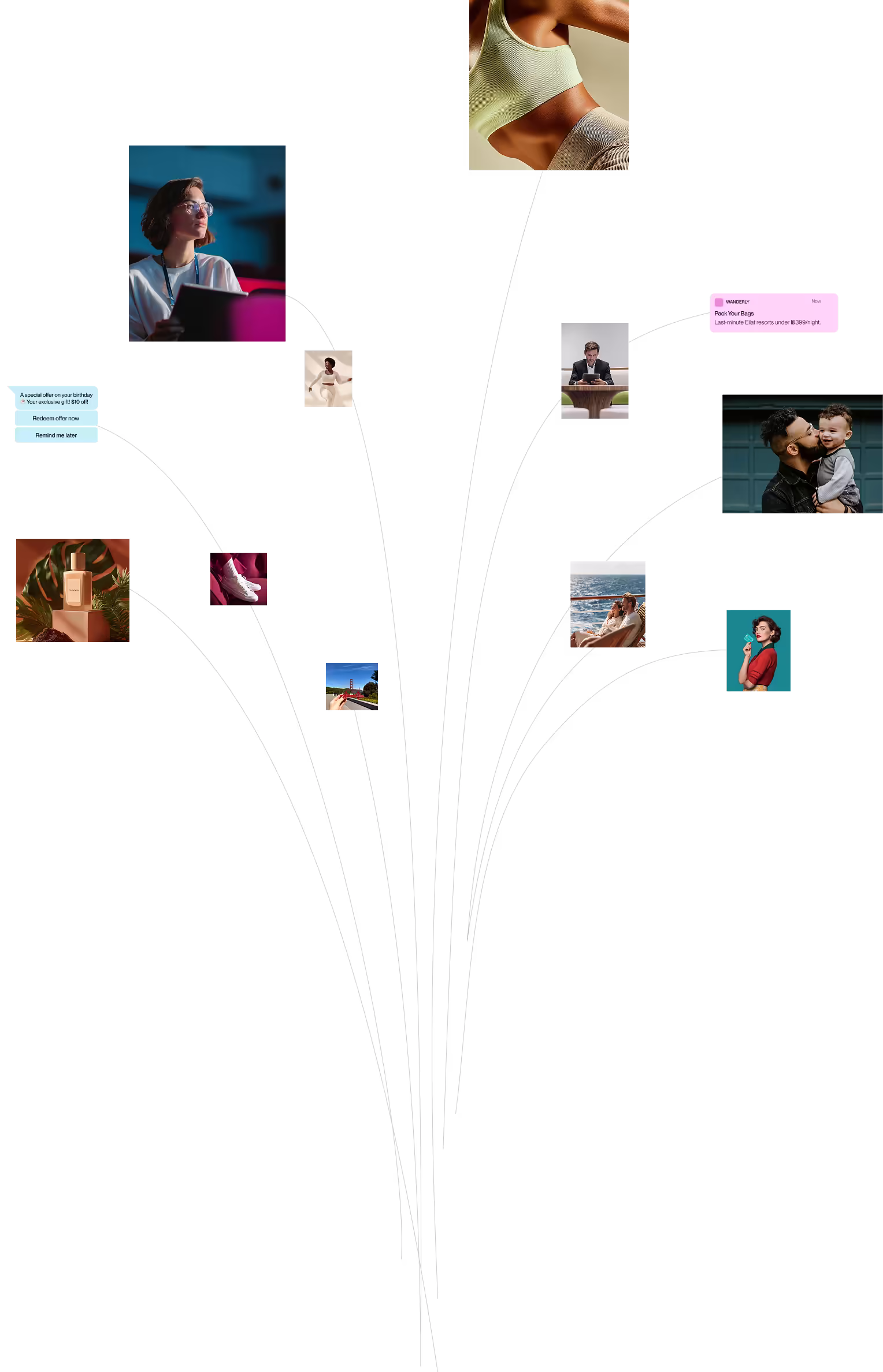 Collage of small images connected by black lines on a dark background, featuring people in various settings including a woman with glasses looking sideways, an athletic torso, a man using a tablet, a father kissing his smiling child, different lifestyle scenes, shoes, perfume bottle, and text notifications.