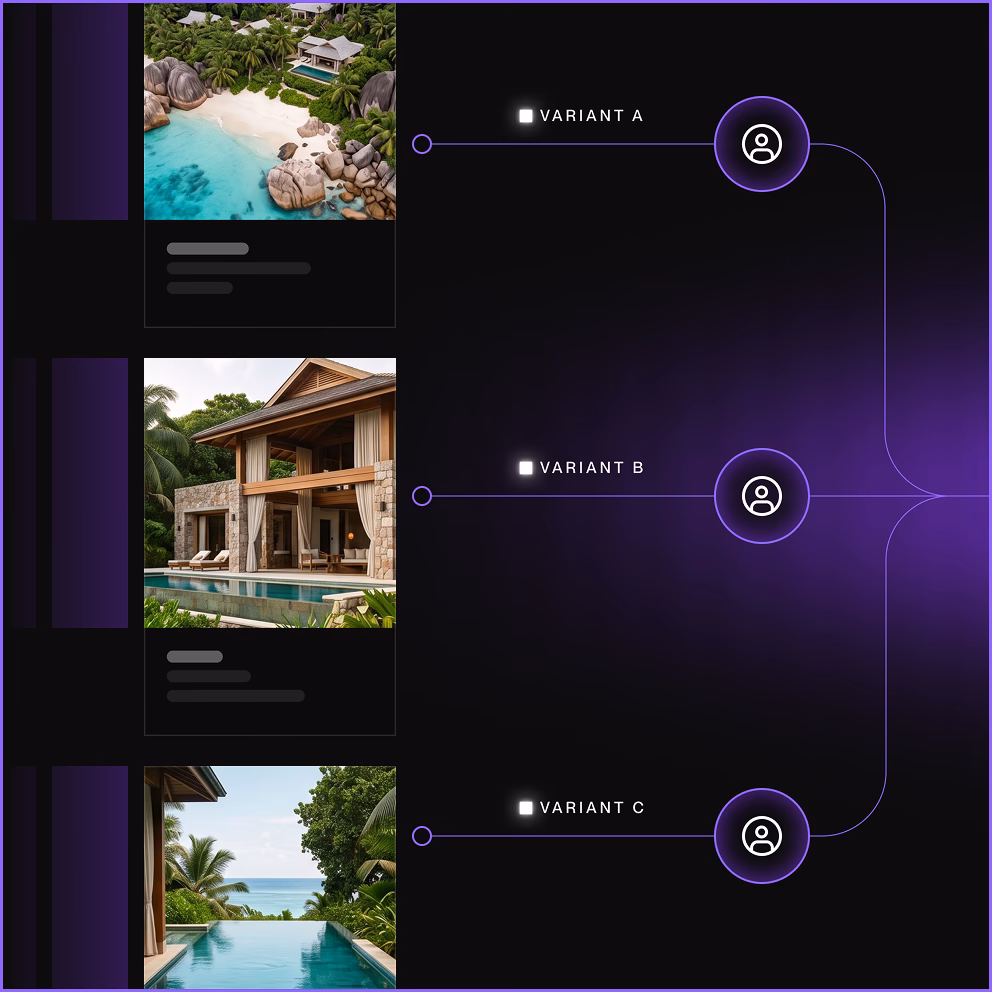 Three tropical villa photos linked to user icons labeled Variant A, Variant B, and Variant C on a dark background.