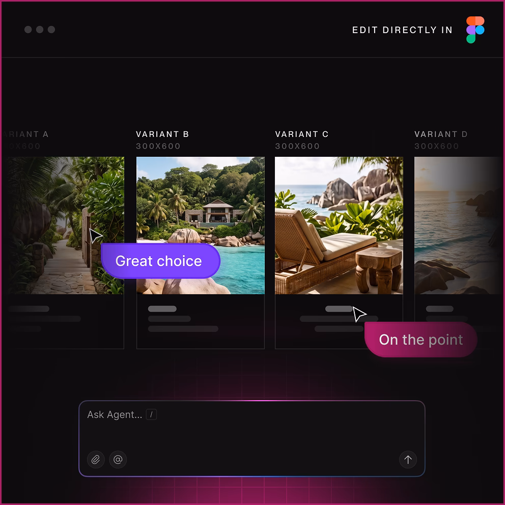 UI showing four tropical vacation image variants with user comments 'Great choice' and 'On the point'.