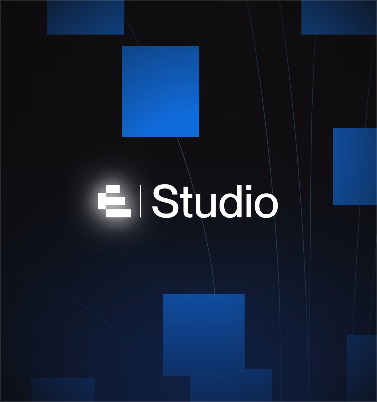 Digital logo with white pixelated icon and text 'Studio' on a dark background with blue squares.