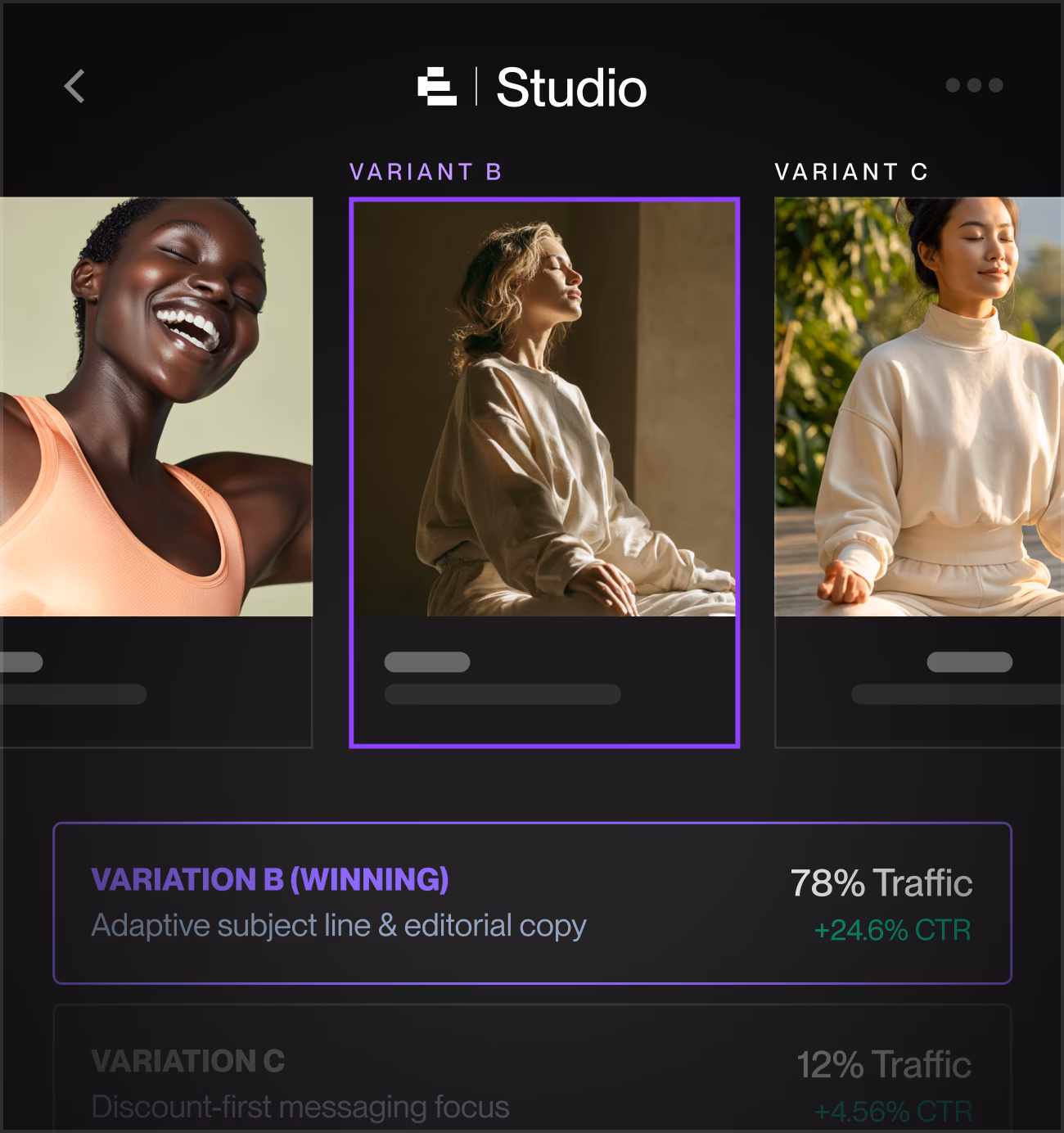 Screen showing 'Studio' with three variants of images labeled A, B, and C, highlighting Variant B as winning.