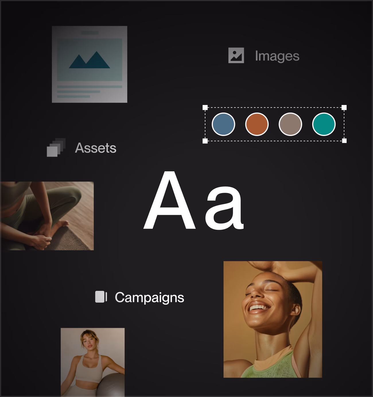 Design collage with photos, color circles, text icons, and words: Assets, Images, Campaigns, Aa.