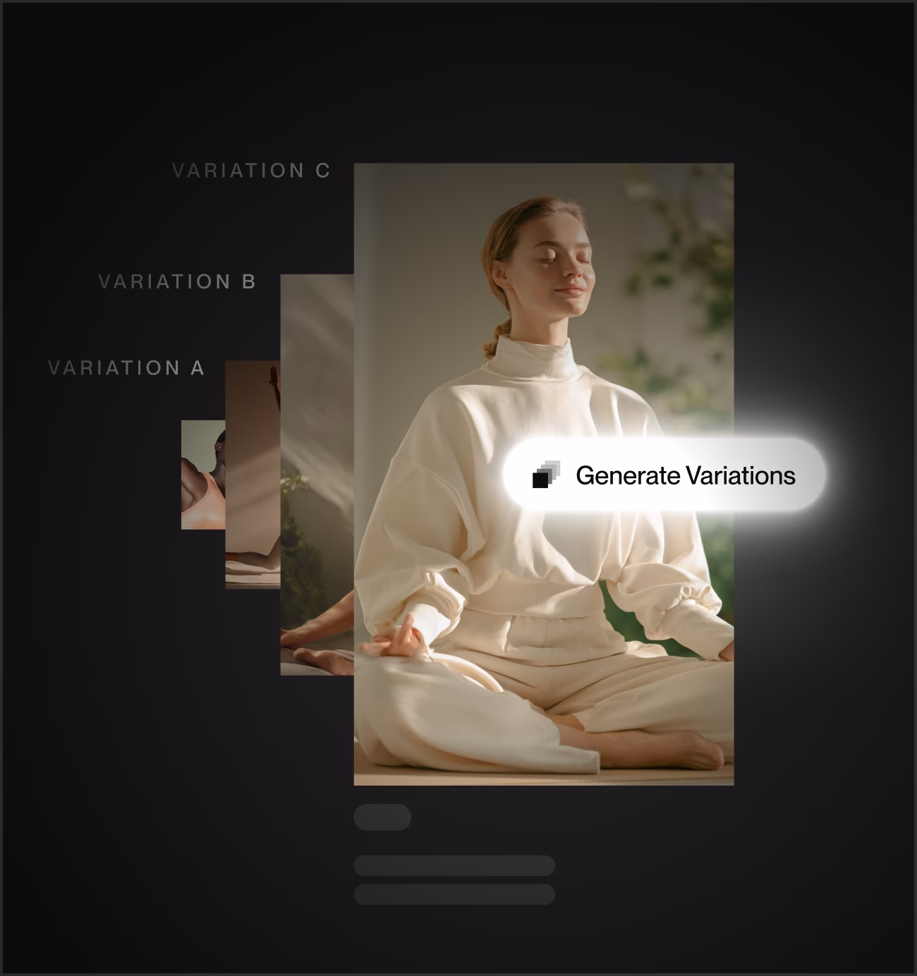 A woman in white sweatsuit meditating with stacked photo variations labeled A, B, and C, and 'Generate Variations' text.