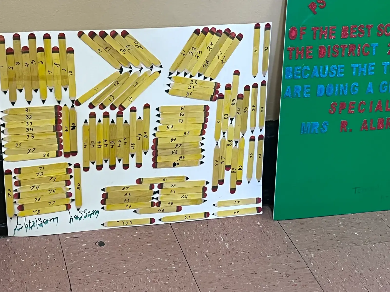 Student artwork displaying 100 numbered pencils for 100th day celebration