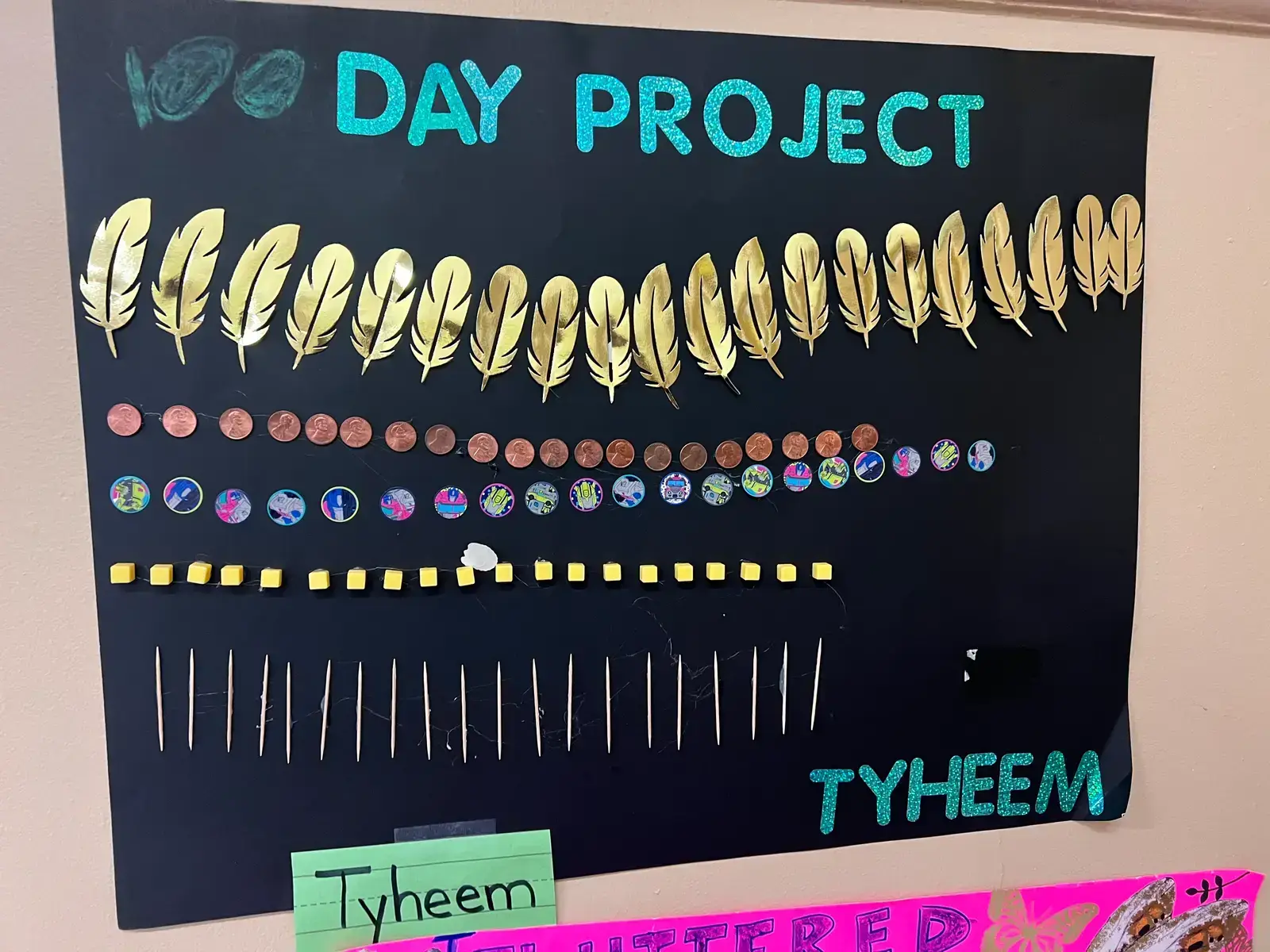 Student Tyheem's 100th Day of School project displaying 100 objects