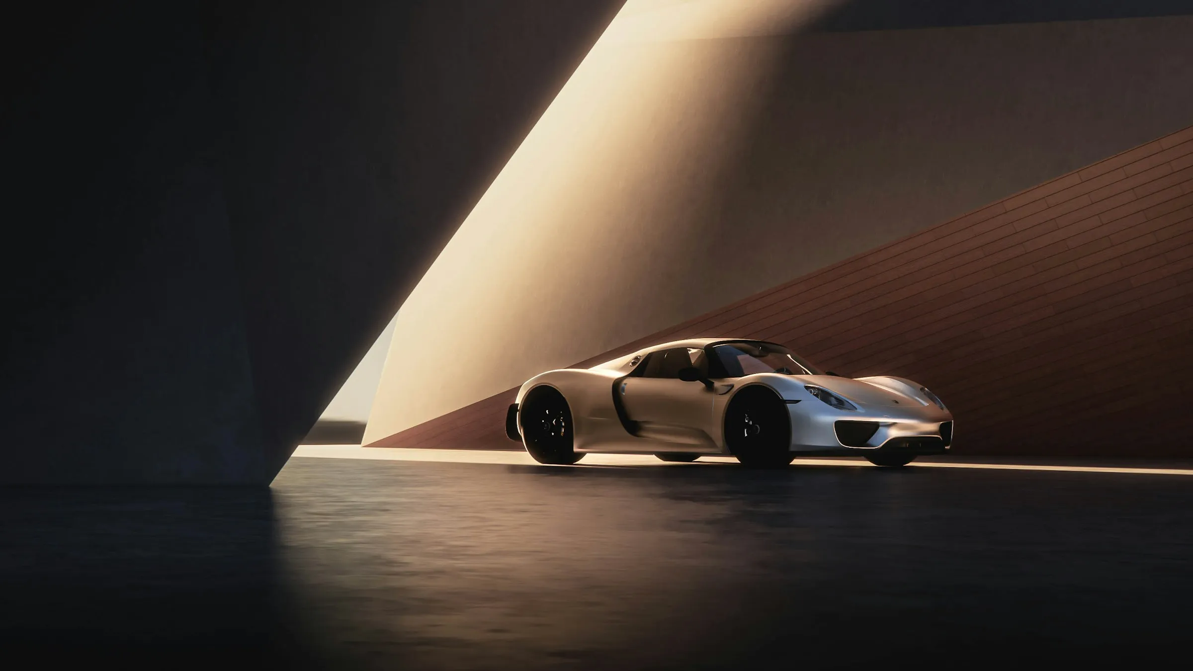 Silver sports car parked in a modern architectural space with dramatic lighting and shadows.