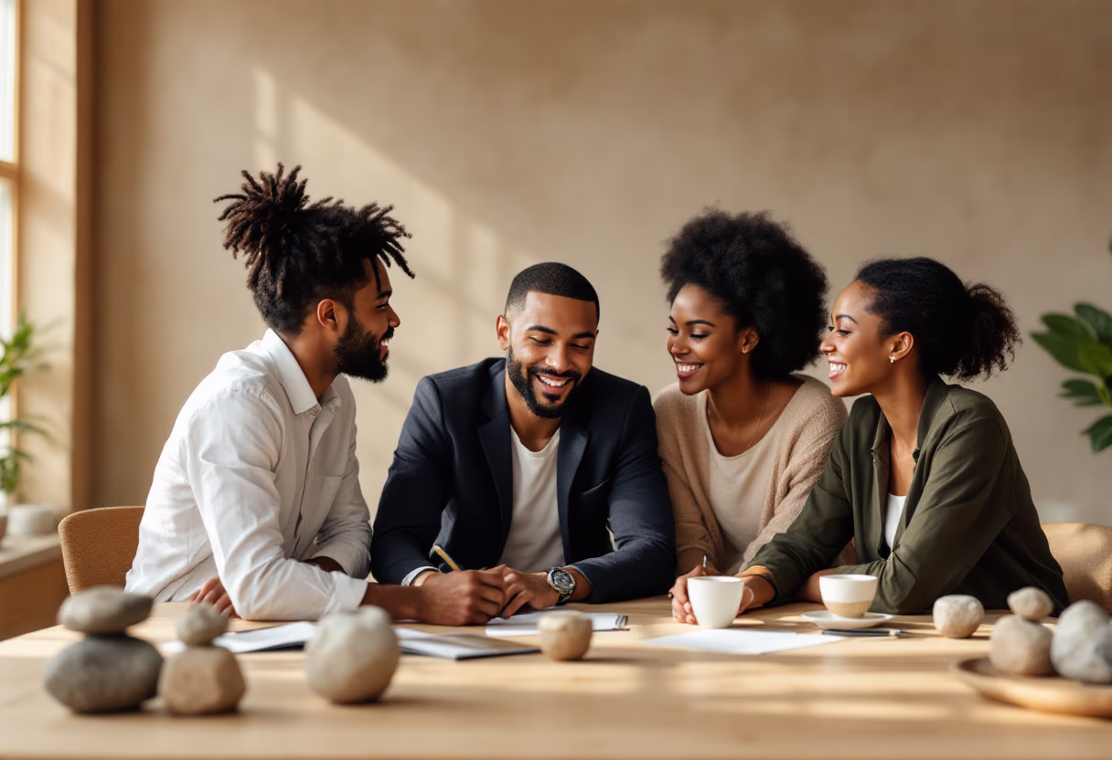 image of busy office with team collaborating (for a fintech company)