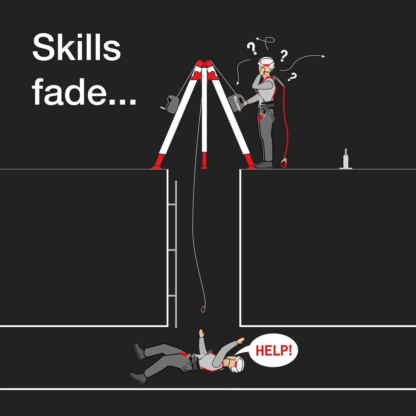 An illustration of two workers operating in a sinkhole with a tripod on the service being operated by a worker with a confused expression. With the other worker stranded down the sinkhole.