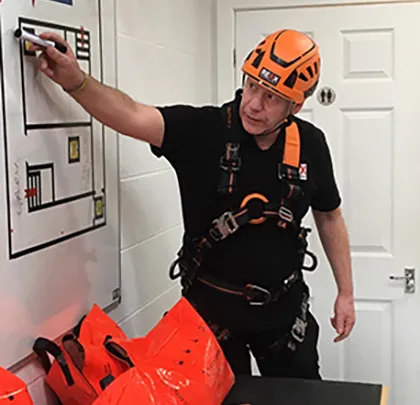 A Reax instructor is pointing to a board with a confined space diagram giving information to group participants