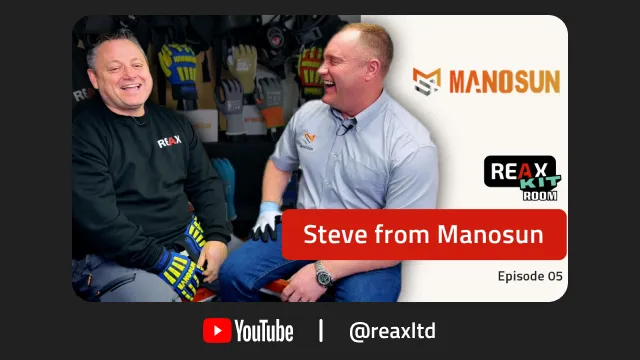 Kit Room host and guest from Manosun gloves sharing a laugh with Manosun gloves displayed in the background