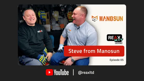 Kit Room host and guest from Manosun gloves sharing a laugh with Manosun gloves displayed in the background