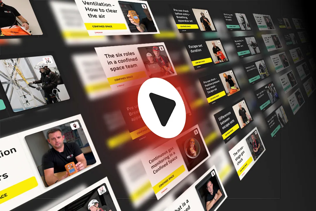 Thumbnail images of confined space and working at height training on a blackground with a large highlighted play button