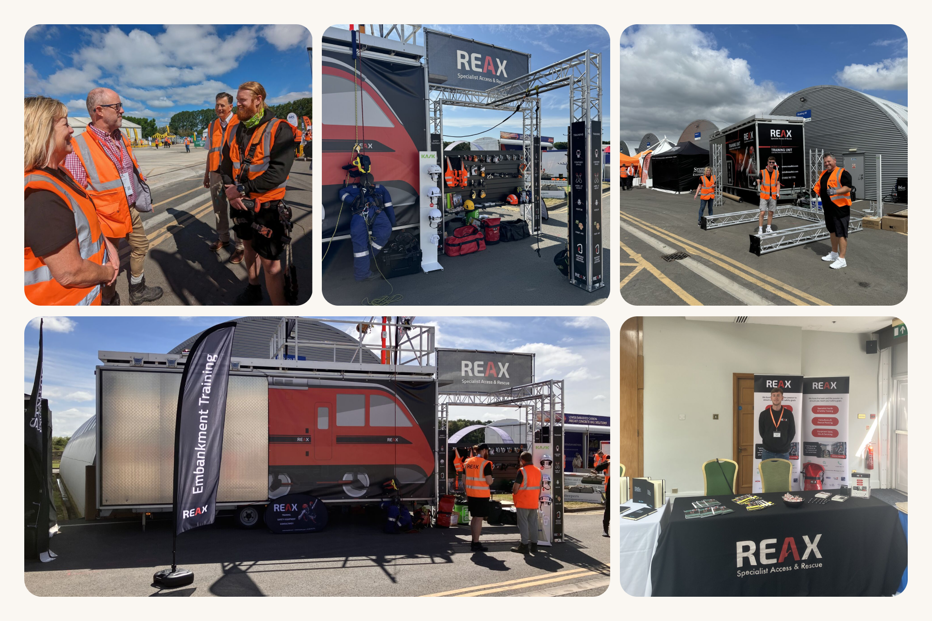 Series of images showing a safety training event with participants in orange vests, equipment displays under the REAX brand, and an informational booth.