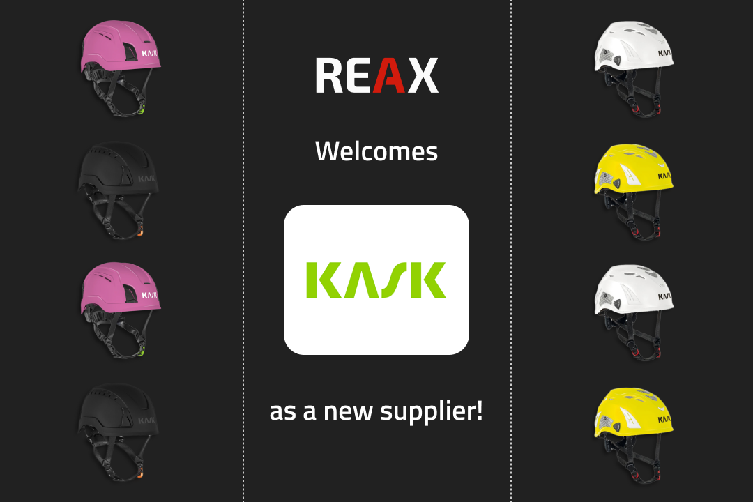 Colourful protective safety Kask helmets featuring "Reax Welcomes" message
