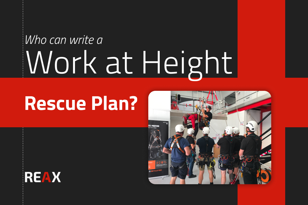 Group of people in safety gear observe a person demonstrating rescue techniques involving ropes and harnesses. Text Who can write a Work at Height Rescue Plan?