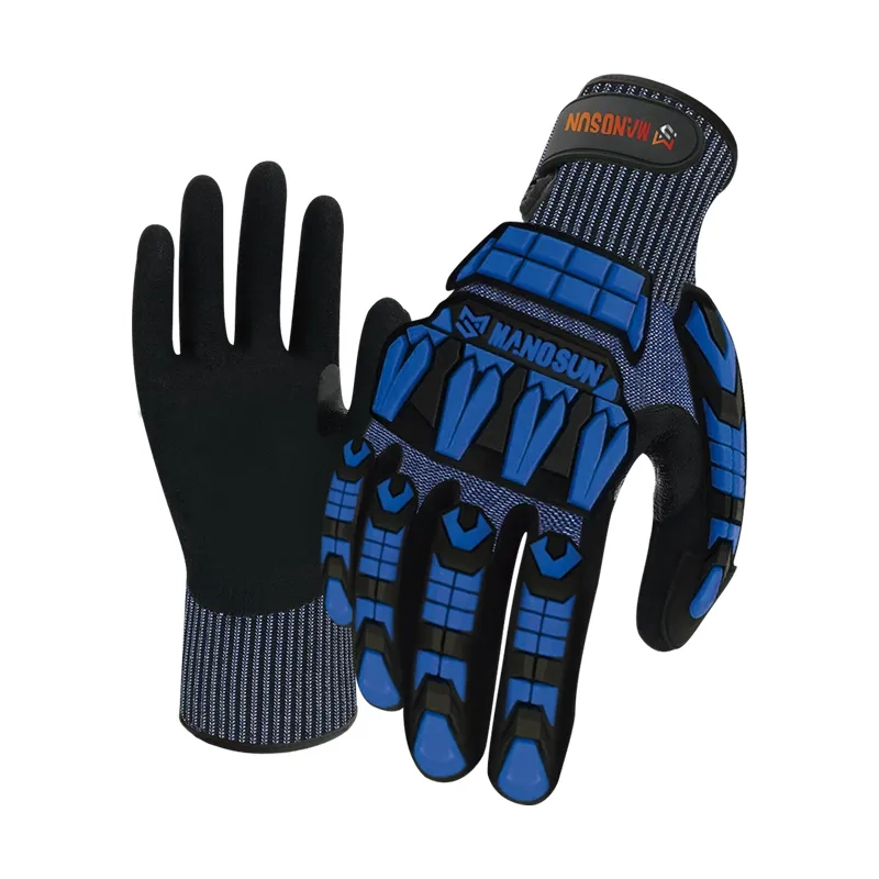 A pair of Manosun EUTN7S20 gloves, featuring a combination of blue and black colors. The gloves have a durable design with reinforced areas for enhanced grip and protection.