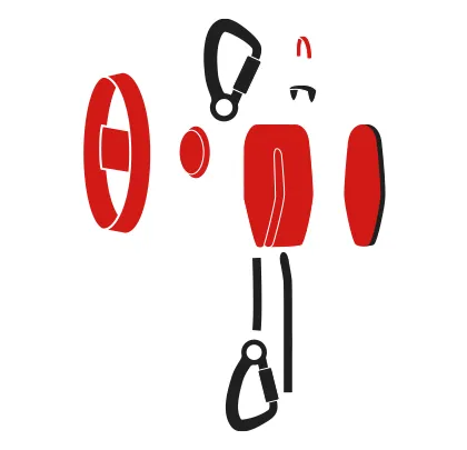 Illustration of disassembled components of a safety rescue device with red parts for padding and black parts for buckles and connections.