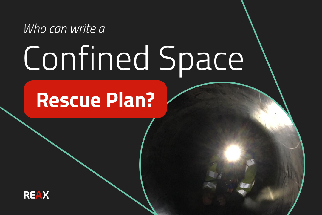 Man in a dark tunnel wearing breathing apparatus safety equipment. Text - Who can write a confined space rescue plan?