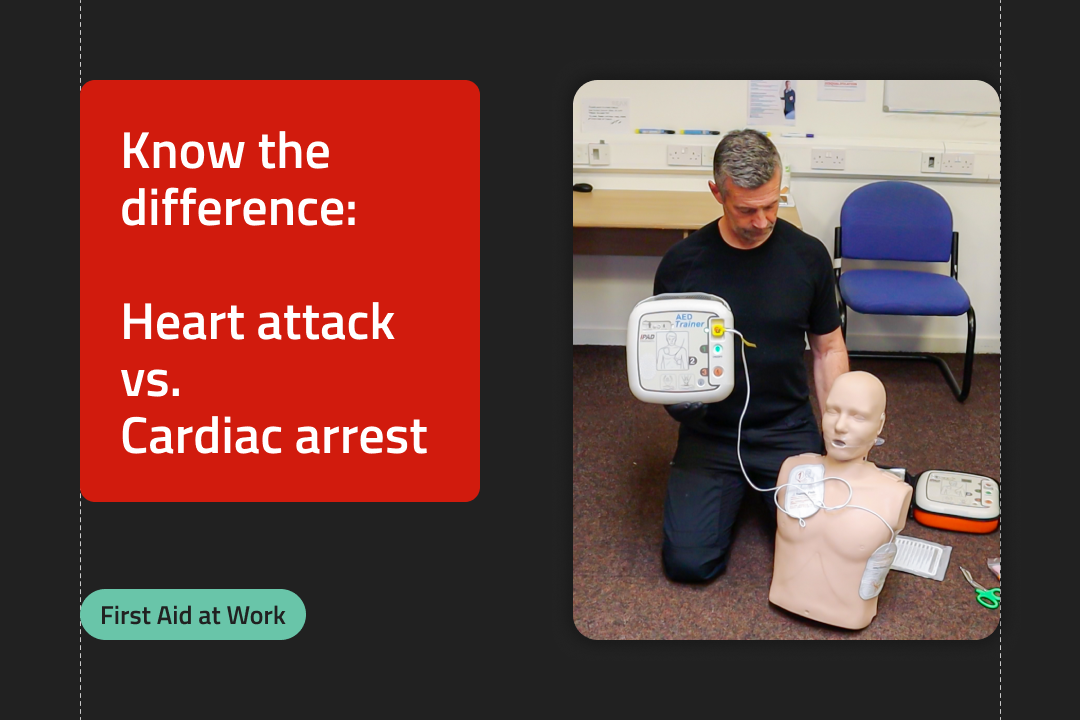 A person kneeling next to a CPR training mannequin with a defibrillator.
