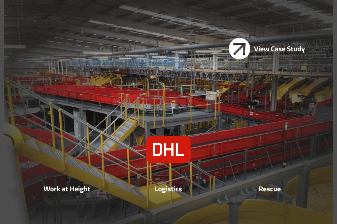 Busy warehouse with yellow and red slides, ladders, steps and complex structures