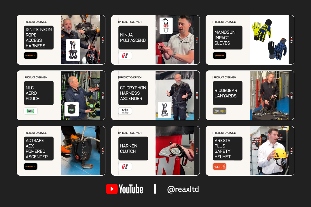 Grid of eight product overview thumbnails showing safety equipment and presenters demonstrating the products