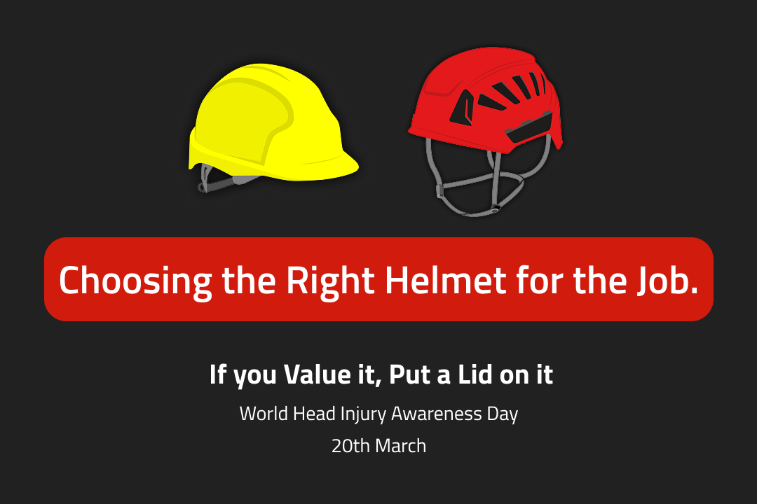 An illustration of two helmets, with the words 'Choosing the right helmet for the job'