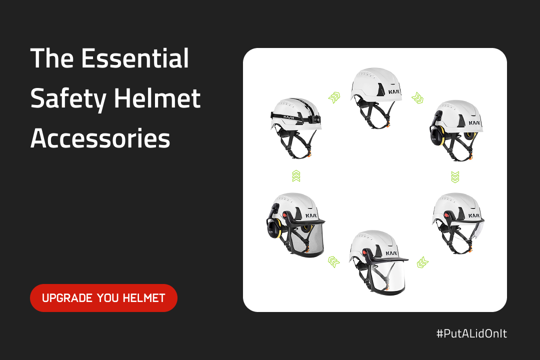 Multiple KASK helmets each with different helmet accessories. Positioned around in a circle with an arrow pointing to each helmet. 