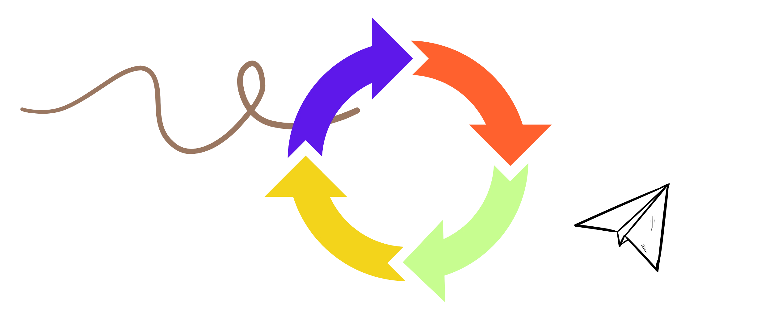 Decorative illustration with a swirling line, a notebook with doodles, a wall of sticky notes, and a paper airplane icon.