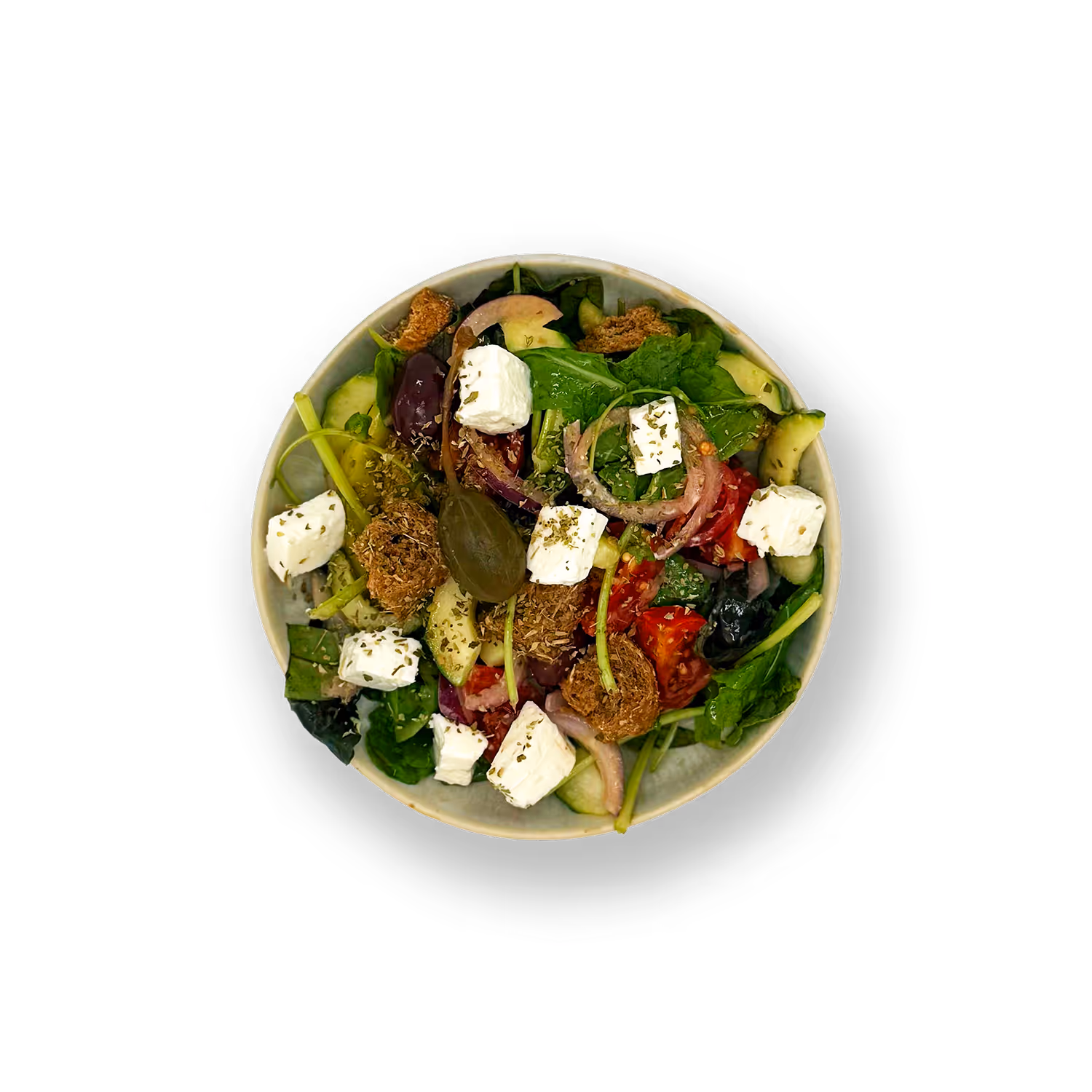 Bauernsalat mit Tomate, Gurke, Peperoni, Kalamata Oliven, Zwiebel, Feta, Dakos, Kapernäpfel