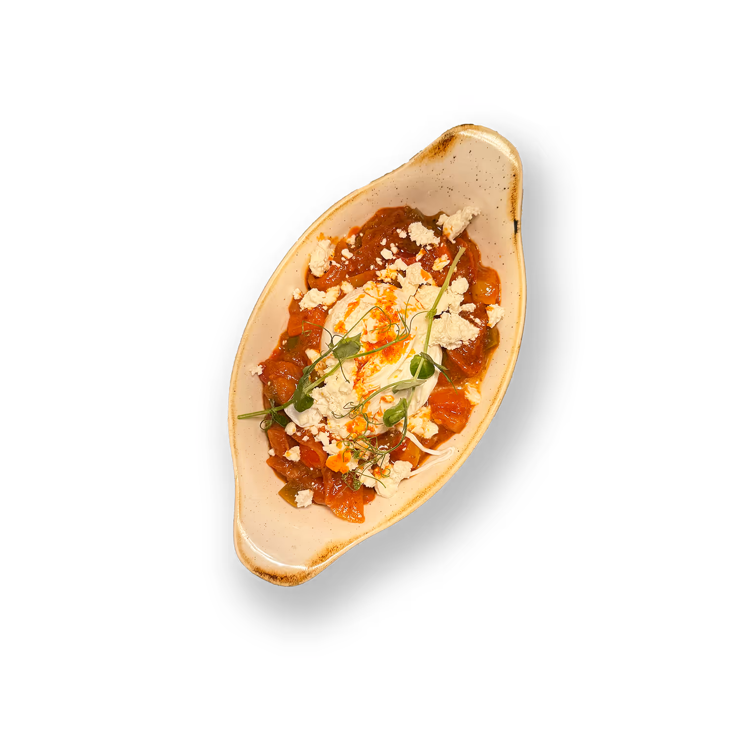 Pochiertes Bio-Ei in würzigem Tomatensugo mit Paprika, Zwiebeln, orientalischen Gewürzen, frischen Kräutern & Feta