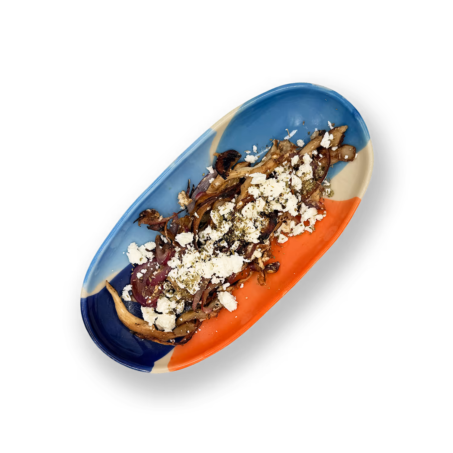 Pilzpfanne
Egerlinge, Austernpilze, rote Zwiebeln, Knoblauch, Feta, Weißwein