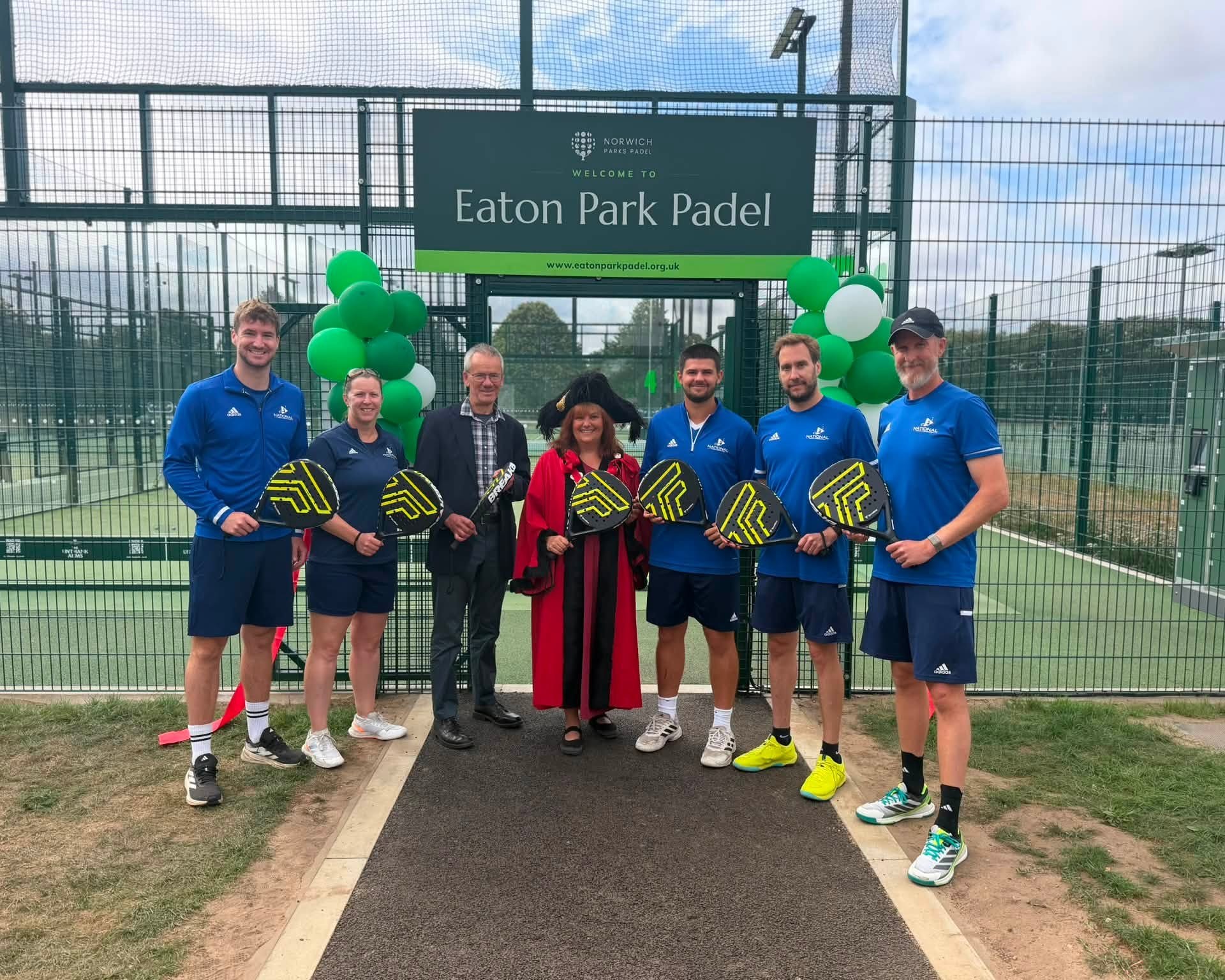 The National Tennis team and the Lord Mayor of Norwich with padel rackets at the opening of Eaton Park Padel