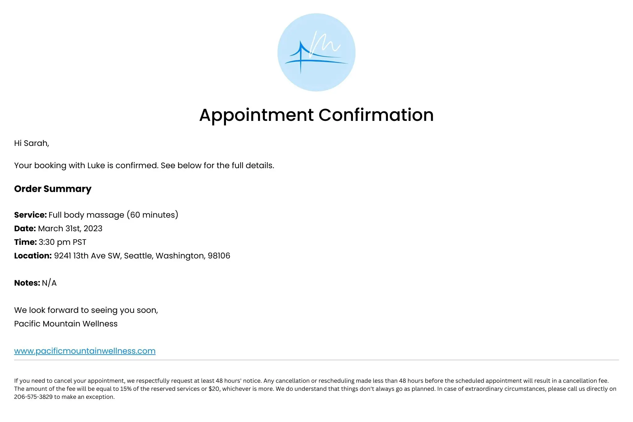 Free appointment confirmation email template