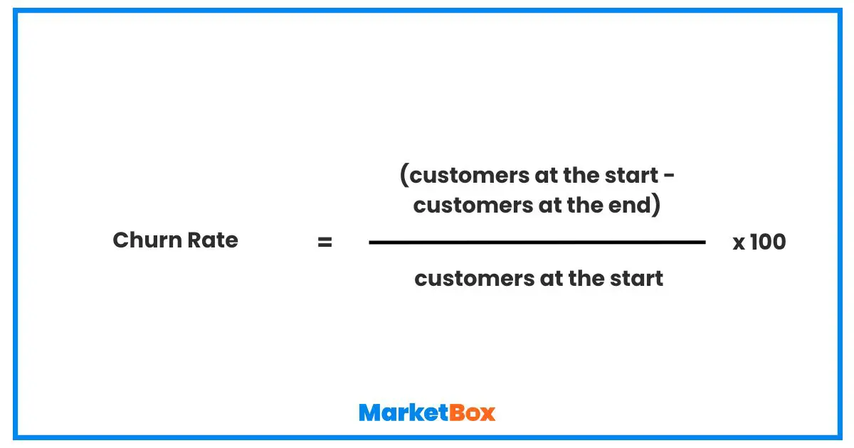 Churn rate = (the number of customers at the start minus the number of customers at the end) divided by the number of customers at the start, multiplied by 100 