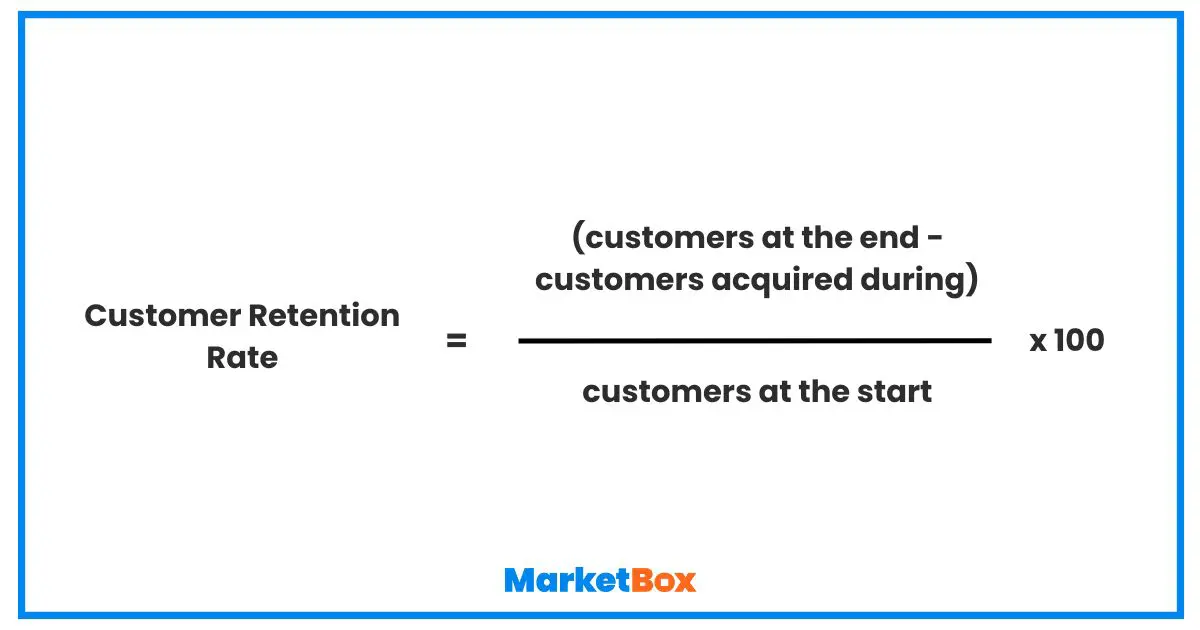 customer retention rate = (the number of customers at the end minus the customers acquired during) divided by the number of customers at the start, multiplied by 100