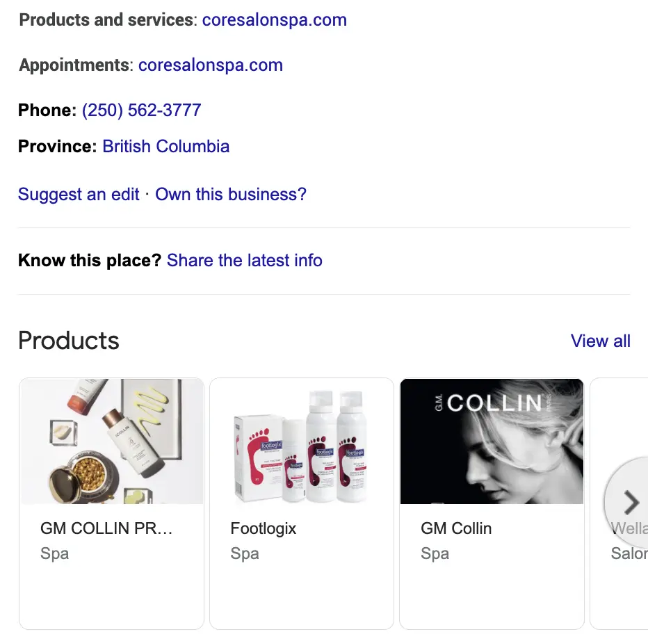 Example of products and services that should be listed for Google