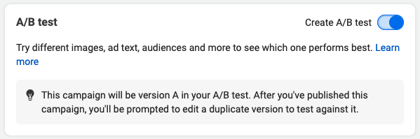 A/B testing option in Facebook Ads