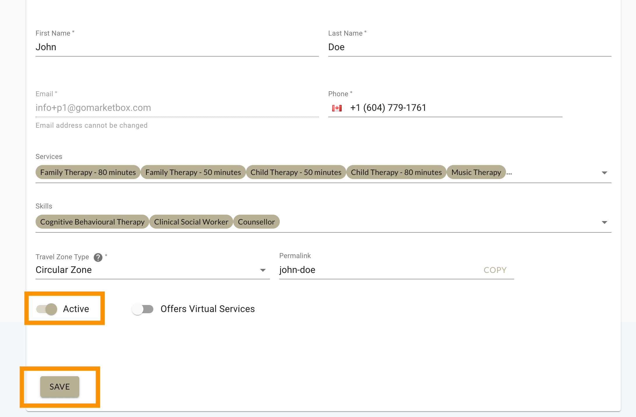 Ensure the active switch is on and you save your changes in MarketBox as a Provider