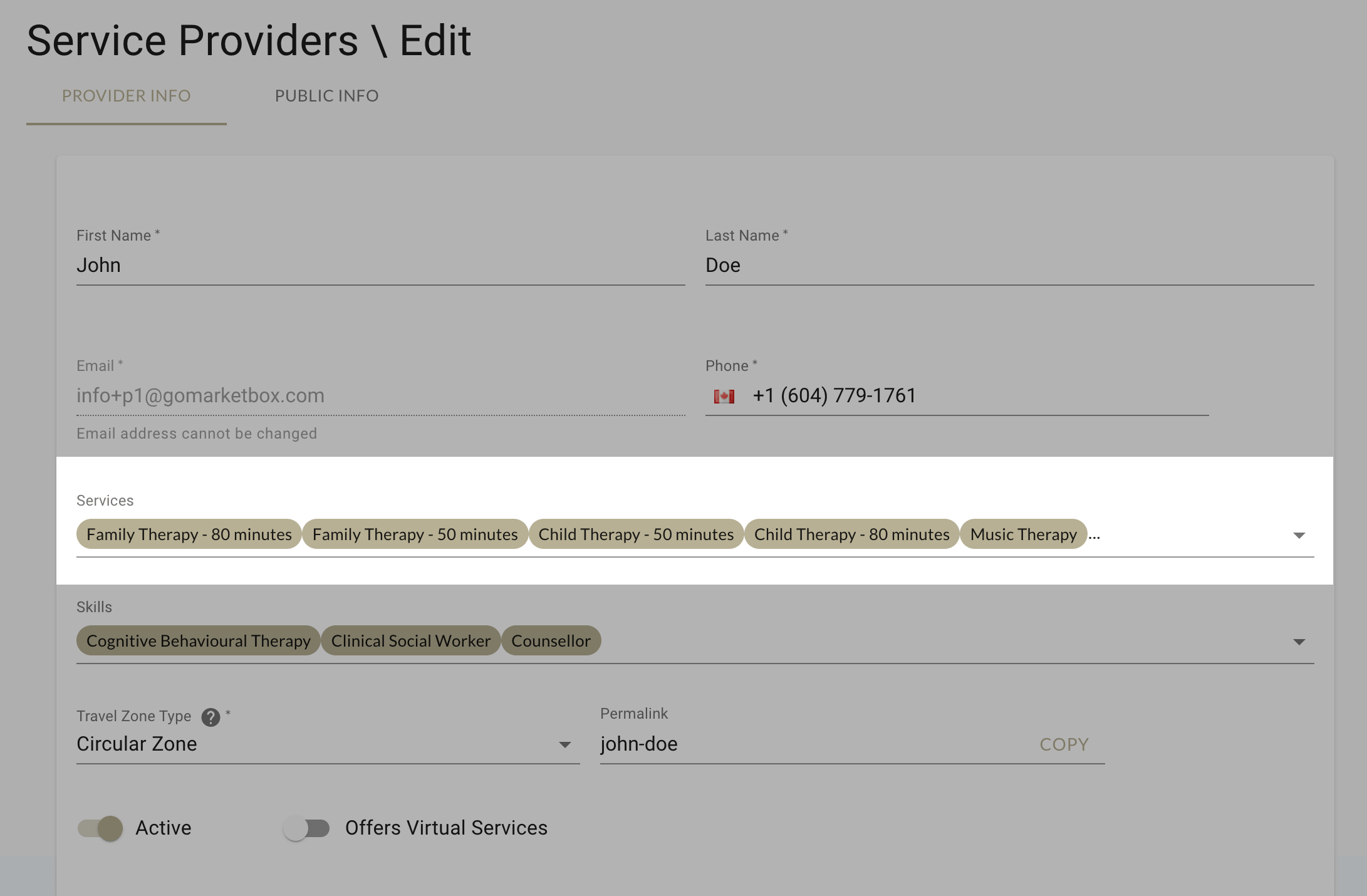 Click the drop-down menu to select or de-select services in MarketBox as a provider