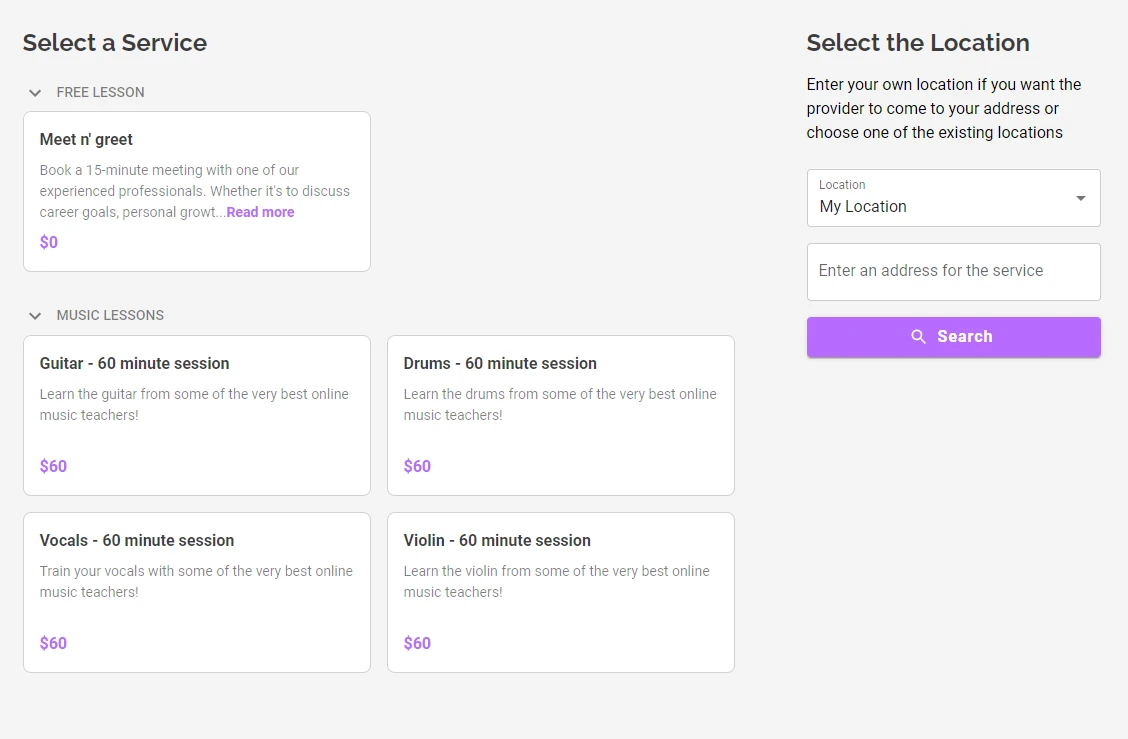Example of the MarketBox booking flow in the card style layout