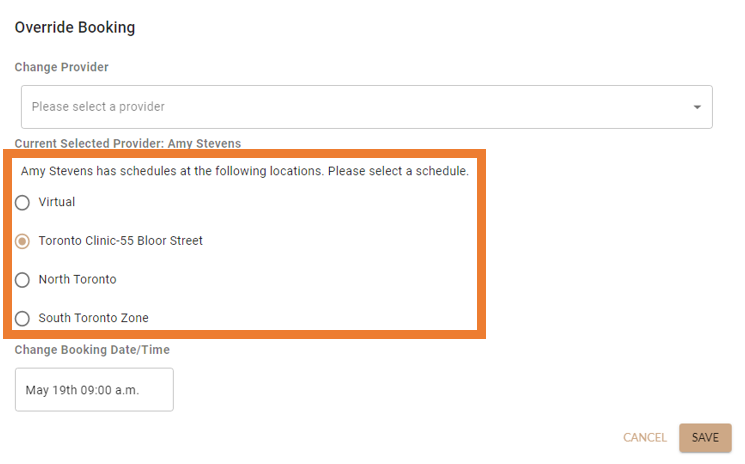 Location options in booking view in MarketBox