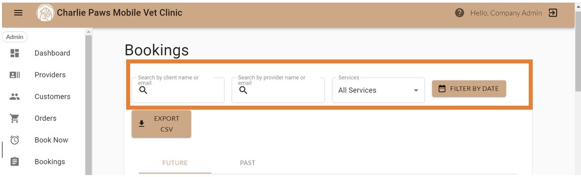 Bookings view with filter shown in MarketBox