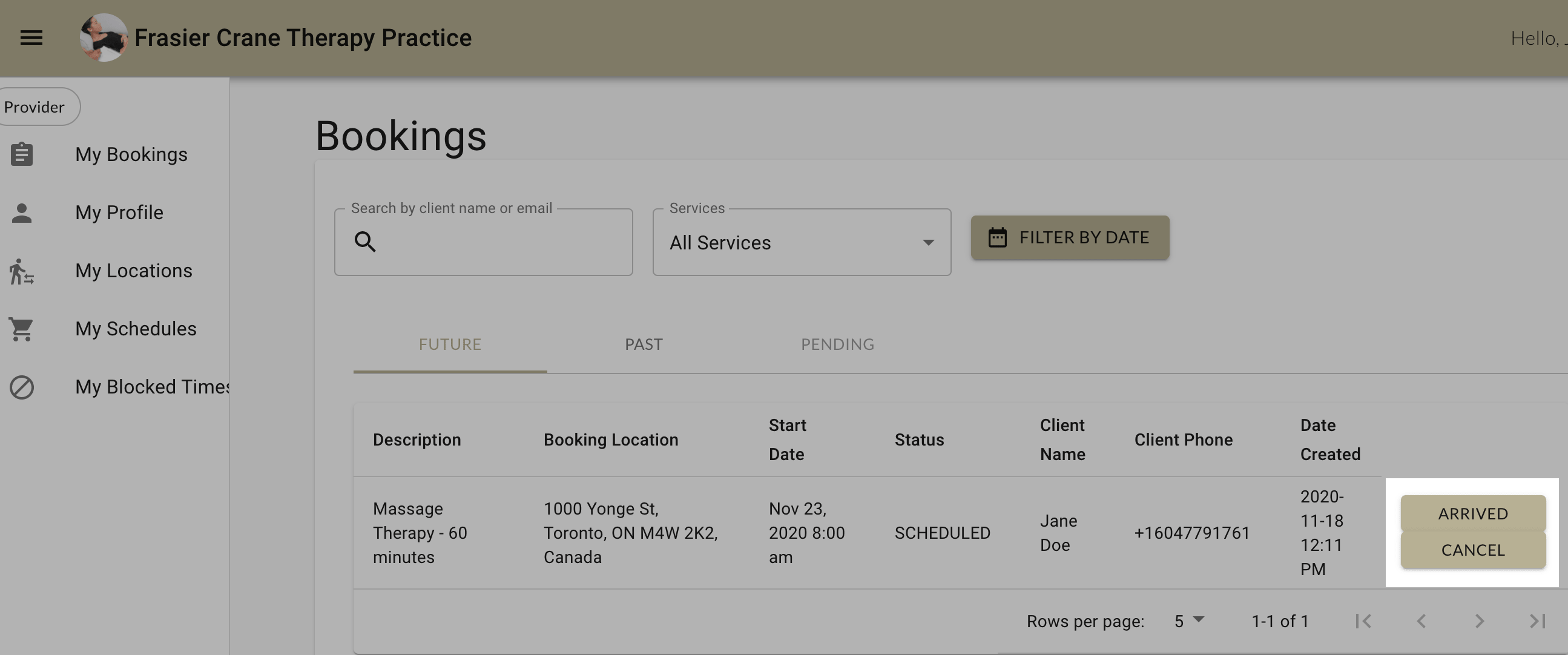 Decide if you want to cancel the booking or confirm a client arrival as a provider in MarketBox