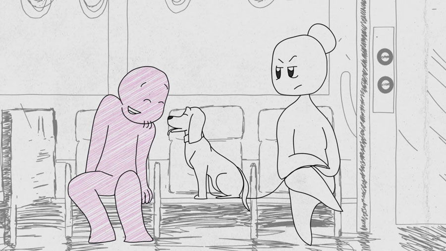 A pink, smiling figure sits on a chair, playfully interacting with a dog, while a neutral-toned figure nearby crosses their arms, looking annoyed. The scene takes place in a subway. Illustration for an explainer video about stimming.