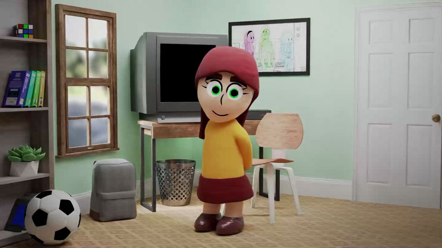 A 3D animated character with big green eyes smiles warmly in a cozy room with a TV, desk, shelves, and a soccer ball. Illustration for an explainer video about autism.